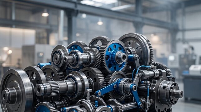 Intricate mechanical gear assembly featuring precision steel cogs and blue anodized components inside a blurred professional industrial manufacturing plant environment.
