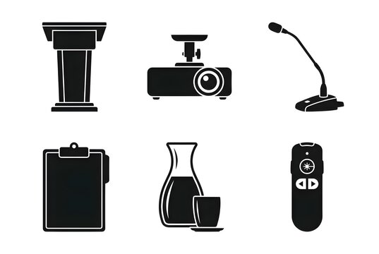 Clean flat vector silhouette set of 6 hotel business center items