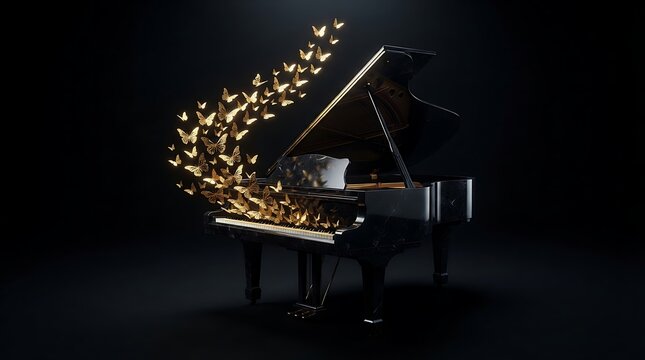 Black piano carved obsidian grand instrument with golden butterflies flying in dark studio background