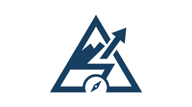 A minimalist graphic icon featuring a mountain peak and a navigation compass