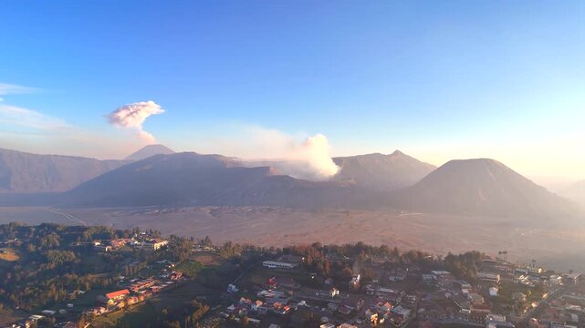 Ash plume and gases from erupting volcano at Mt Bromo and Tengger caldera. Drone