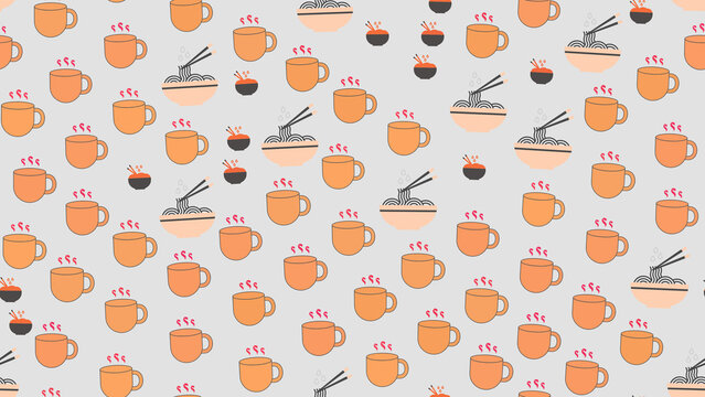 Seamless pattern of orange cups and noodle bowls