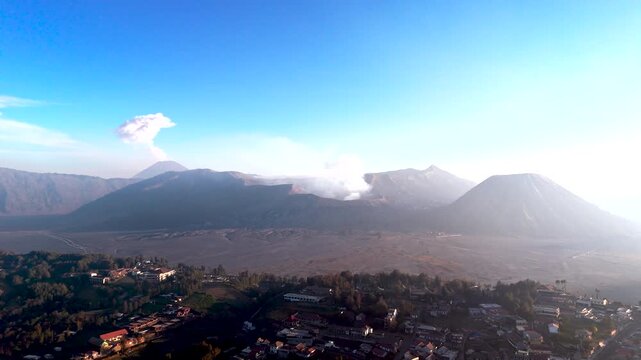 Aerial pullback panoramic view over Mt Bromo Tengger caldera in East Java