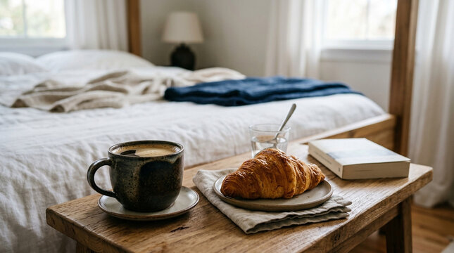 A delicious croissant and hot coffee are served for breakfast on a wooden table in a cozy bedroom setting