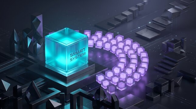 Futuristic digital technology concept with a glowing cube connected to a circular network of illuminated data blocks