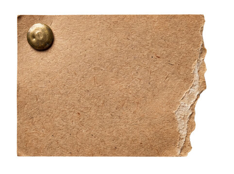 Rustic brown kraft paper texture with torn edges, framed by a single antique brass rivet and metallic accent, vintage cardboard background design
