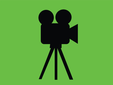 Minimalist vector illustration of a vintage movie camera on a tripod, perfect for designs related to film production, video content, and cinematic arts