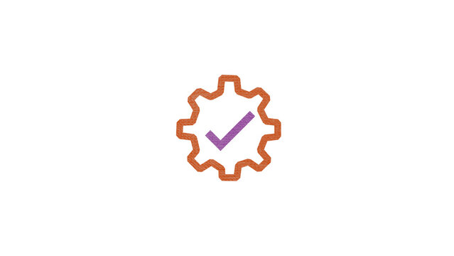 Gear wheel icon with check mark symbol representing process execution, quality approval, optimization, settings completion, and business setup.