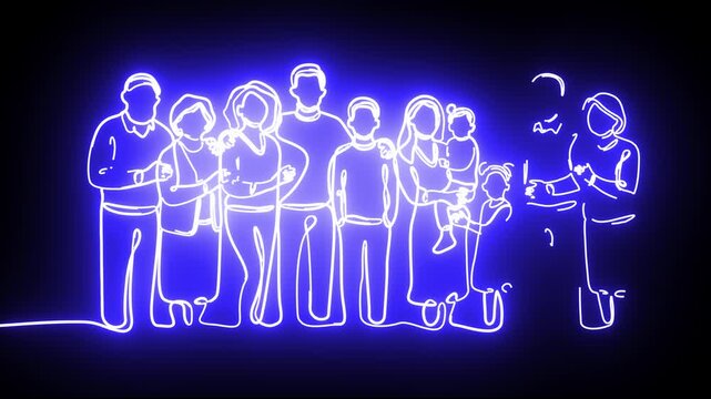 Neon blue glowing family line art, continuous line drawing of multi-generational family group, minimalist electric blue family silhouette on black
