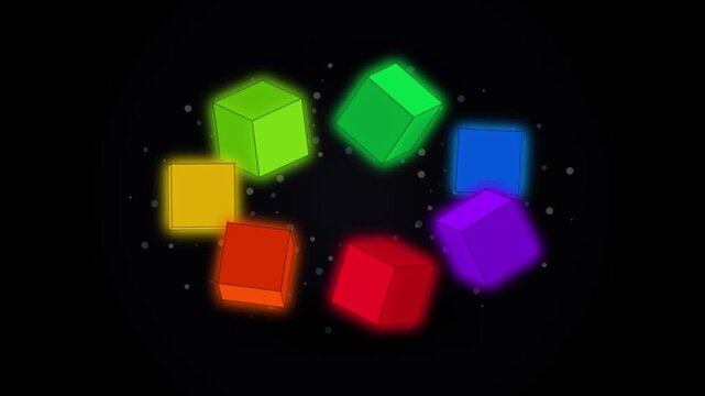 Abstract colorful cubes rotating in circle against black background seamless loop