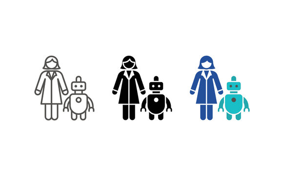 Female scientist with robot sidekick icon set for stem robotics education