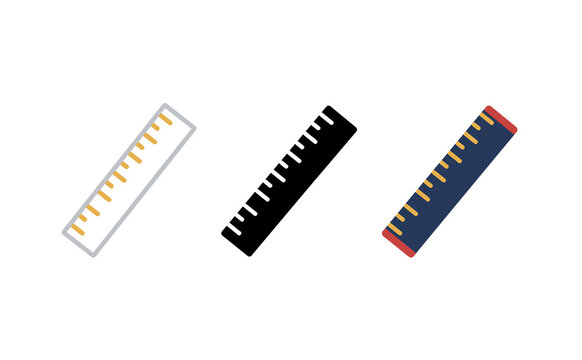 Ruler measuring tool flat icon set with yellow markings on dark blue