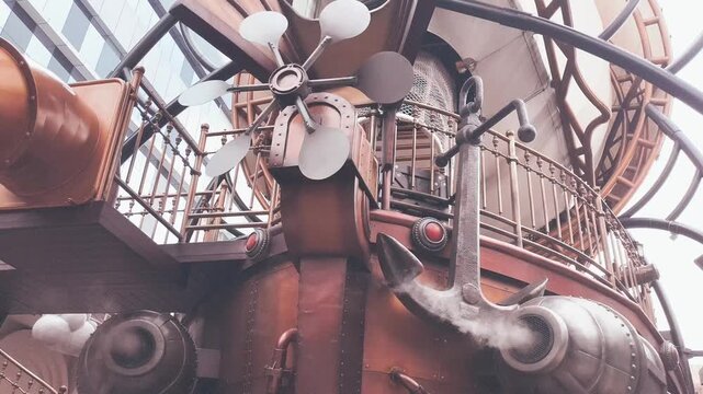 Steampunk airship machinery with copper propeller, industrial pipes, vintage metal structure and nautical anchor details, cinematic mechanical fantasy background for adventure, technology and film