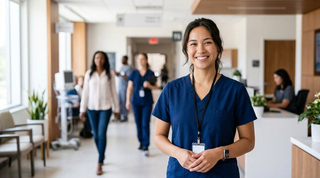 Confident asian female nurse smiling brightly while standing in a busy hospital hallway during her shift
