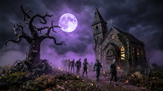 Zombies walking on a path toward an abandoned haunted church under a glowing purple full moon and scary tree