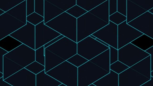 Abstract geometric cubes forming a digital network in dark blue with neon outlines during a slow camera zoom out