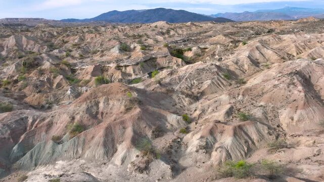 Tatacoa Desert Grey Desert and Eroded Badlands in Huila, Colombia. Establishing Shot. Aerial View.