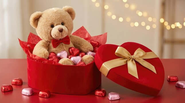 Teddy bear sitting inside heart shaped box with chocolates