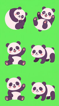 Cute panda characters collection set on solid green background