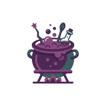 A flat vector icon featuring a purple bubbling magic cauldron over a flame with a magic wand and potion bottle.