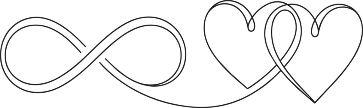 Continuous line of an infinity symbol merging into two intertwined hearts representing eternal love and romantic connection on white