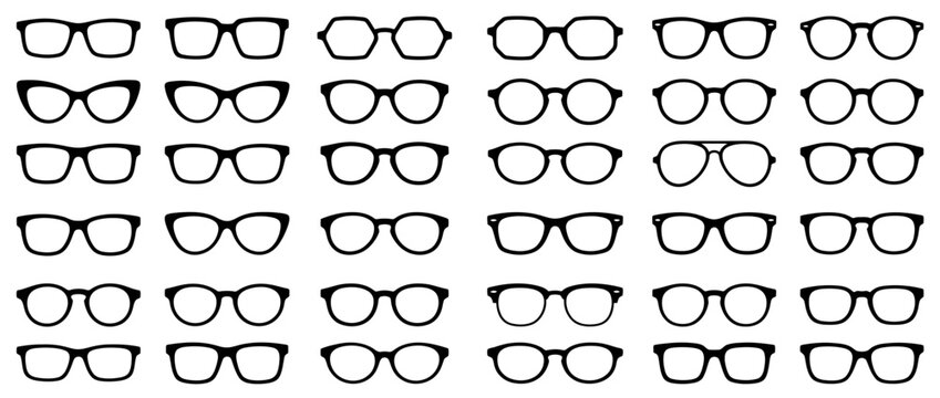 Set of various eyeglass frames collection, black silhouettes on white background