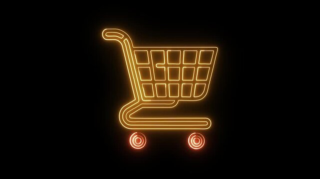 Glowing orange neon shopping cart icon flickering animation isolated on black background, e-commerce retail store and checkout market motion graphic loop.