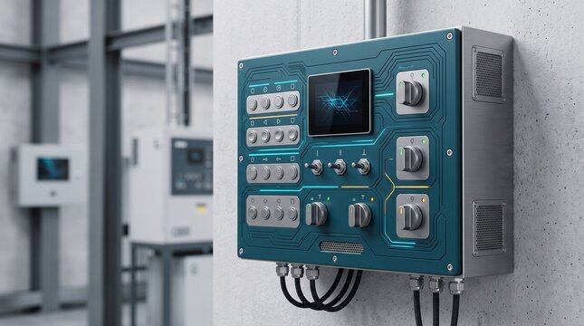 Industrial electronic control panel with digital display, metal knobs, toggle switches, and illuminated circuit patterns mounted on a concrete wall in a factory setting.