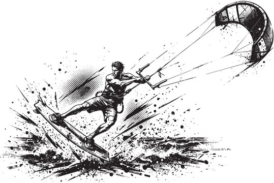 Dynamic black and white ink of a kitesurfer riding a board with a kite in the air, featuring motion lines and paint splashes on white