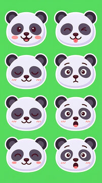 Cute panda head stickers with various facial expressions on green