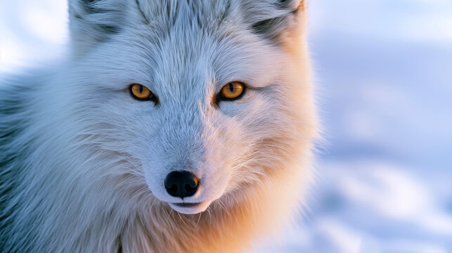 Beautiful Arctic fox portrait sitting calmly in deep white snow. Close up of wild animal in winter habitat
