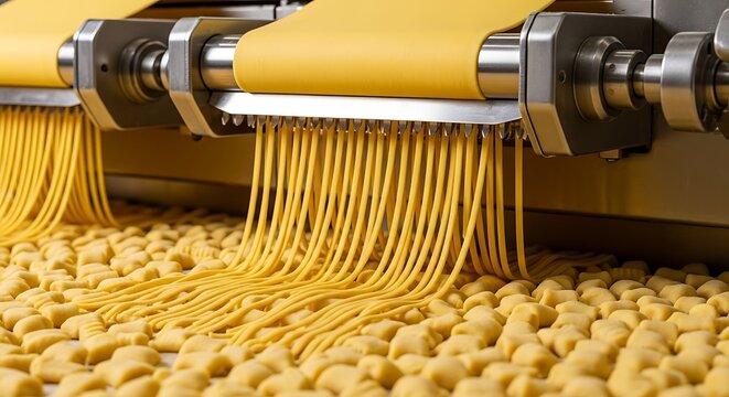 Industrial pasta machine extruding fresh noodles over gnocchi on