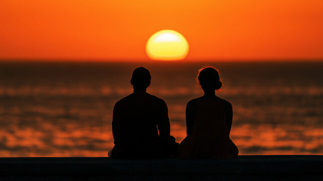 silhouette rear view romantic couple sit relax watching sunset on the beach.