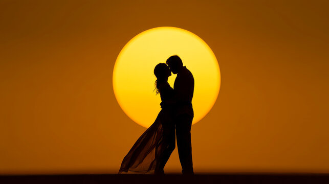silhouetted couple shares a tender kiss against a vibrant sunset, encapsulating love and romance on a beautiful evening.