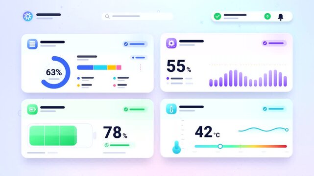 System resource warning cards animation, storage full, low battery and overheating alerts, flat 2D UI, 4K seamless loop