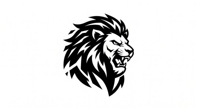 Bold black roaring lion head logo in side profile, sharp spiky mane with dynamic broken edges, fierce eyes and open fangs, aggressive modern mascot emblem style.