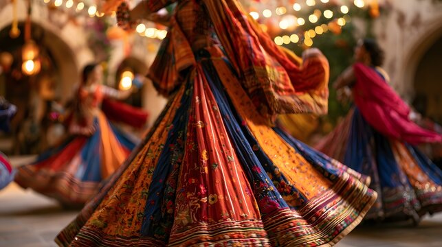 Group of women in traditional indian attire dancing in a circle during a festive celebration