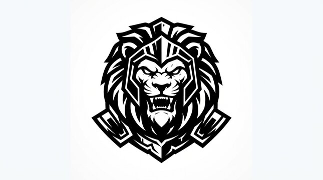 Armored warrior lion logo, wearing battle helmet and chest armor, fierce roaring face with fangs, bold black and white mascot emblem