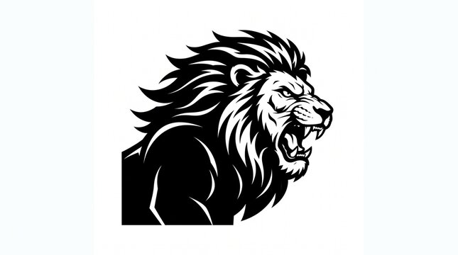 Fierce side-profile roaring lion logo, open mouth with sharp fangs, thick flowing mane, bold black and white aggressive mascot emblem