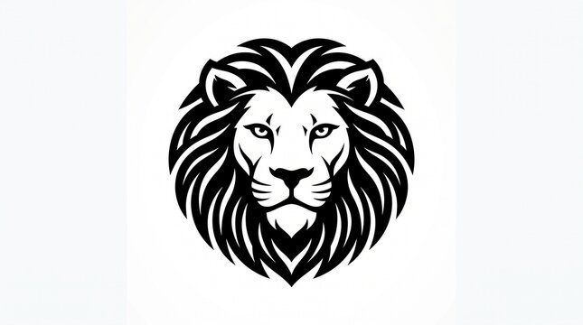 Bold black lion head logo, calm face with intense eyes, thick symmetrical flowing mane, modern minimal style, powerful mascot emblem