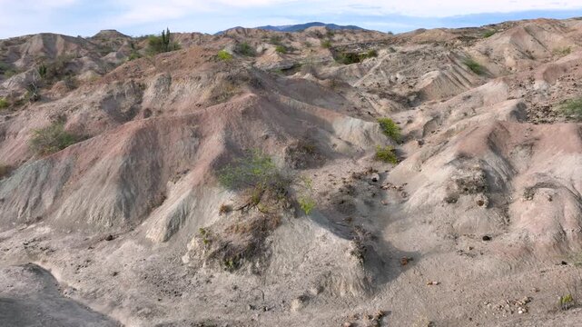Tatacoa Desert Grey Desert and Eroded Badlands in Huila, Colombia. Establishing Shot. Aerial View.