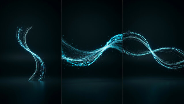 Abstract glowing blue particle waves flowing through dark space in three vertical panels
