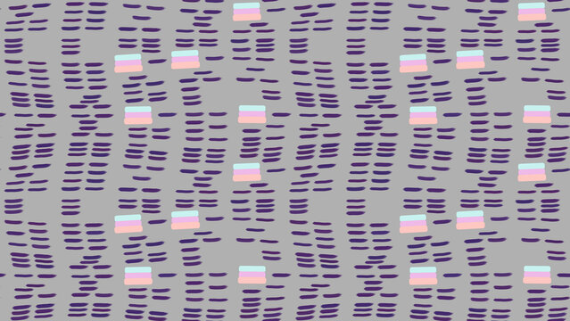 Abstract pattern of purple dashes and pastel blocks on grey