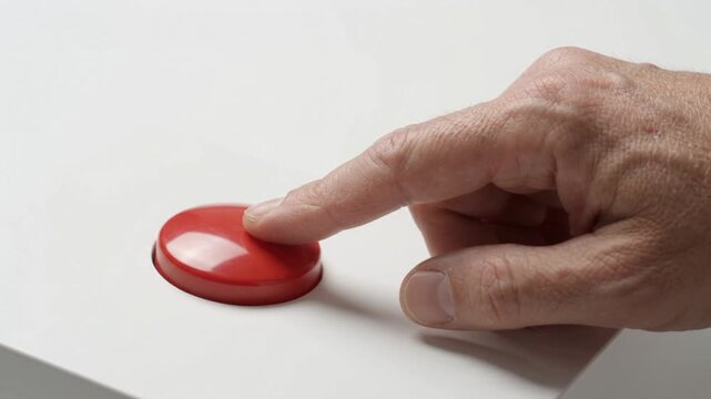 Finger about to press red button as a voting concept