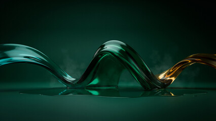Obraz na płótnie Canvas Abstract liquid wave of dark teal and gold flowing on a reflective dark surface