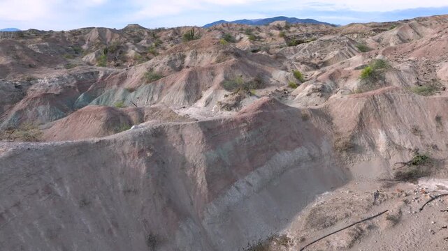 Tatacoa Desert Grey Desert and Eroded Badlands in Huila, Colombia. Establishing Shot. Aerial View.