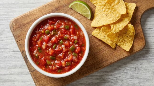 Bowl of chunky tomato salsa served with chips on rustic wooden board
