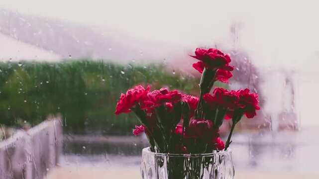 Red carnations in a clear glass vase seen through a rain-smeared window with soft-focus outdoor greenery