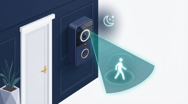 A security device is mounted on a wall near a door. It detects movement and provides protection for the home and workplace.