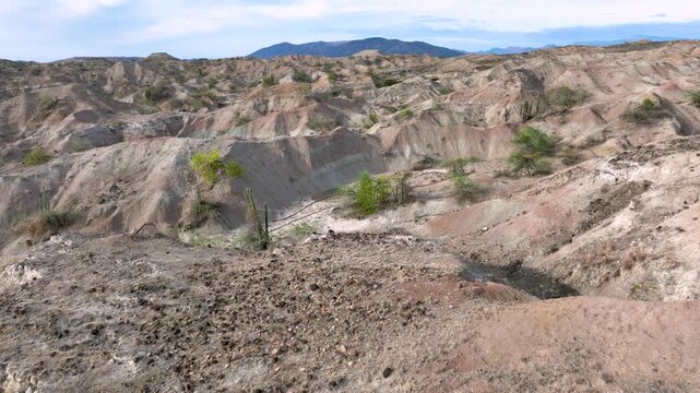 Tatacoa Desert Grey Desert and Eroded Badlands in Huila, Colombia. Establishing Shot. Aerial View.